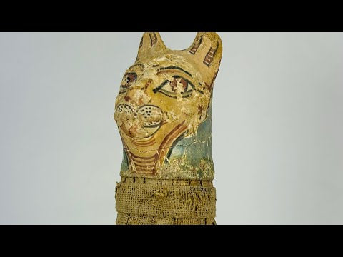 Video showing Ancient Egyptian Bastet cat mummy with intricate painted face and linen wrappings, dating to the Ptolemaic period, from Relic and Rarity.