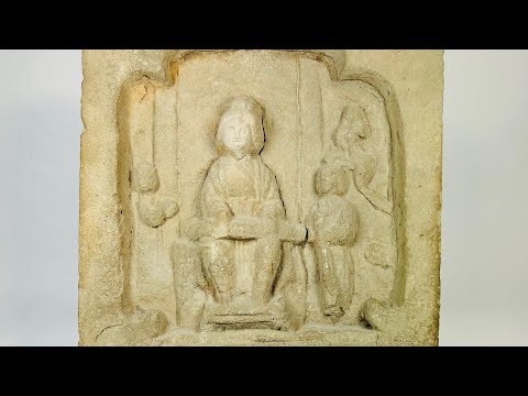 Ming Dynasty clay relief brick from China, 1368–1644, depicting a noblewoman playing a musical instrument with two maidservants. Rectangular brick with finely carved figures, natural patina, and detailed relief illustrating aristocratic life, music, and Ming artistic ideals of refinement and domestic ritual.
