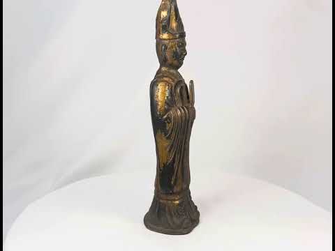 Antique Tibetan Lama bronze figure, circa 1800s Qing Dynasty. Depicts high-ranking Buddhist master with peaked ceremonial hat, monastic robes, and ritual implement. Cast bronze with gilt and lacquer remnants, aged patina, and ritual wear.