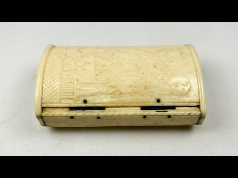 Antique Napoleonic Wars snuff box, hand-carved bone with Masonic symbols including Square and Compasses, All-Seeing Eye, Sun and Moon, crafted by French POWs in Britain circa 1795–1815.