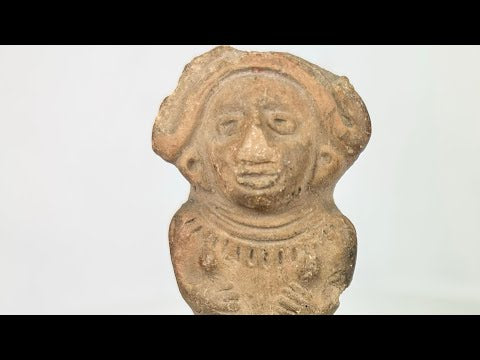 Ancient Veracruz terracotta figurine of a seated female with flaring headdress, almond-shaped eyes, and necklace, circa 600–900 CE, Late Classic period, mounted on black display base.