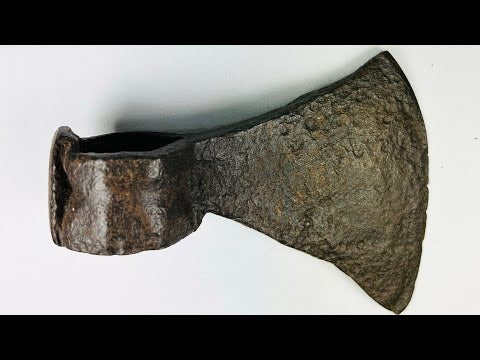 360° view of a forged iron axe head from 19th-century early American settlers.