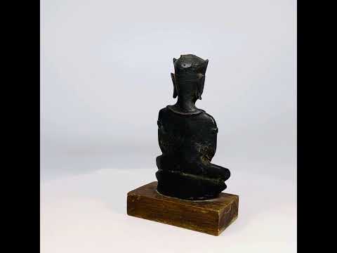 Small 18th–19th century Southeast Asian cast bronze Buddha statue in meditative pose with serene expression and headdress, mounted on a wooden base, 5.5 x 2 x 3.25 inches, Thailand or Burma.