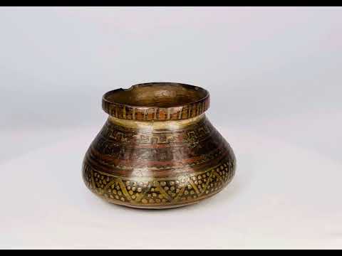 Pre-Columbian Mesoamerican ceramic vessel, 3.9 x 5.4 in, with monochrome and polychrome decoration depicting mythological and ritual motifs, Northern Mexico to Guatemala, Olmec to Aztec period.