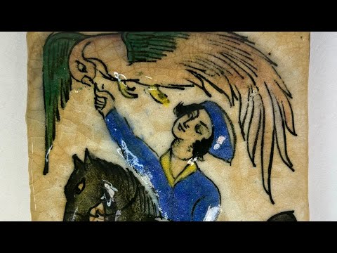 Hand-painted 19th-century Qajar Persian ceramic tile depicting a mounted falconer on horseback in vivid cobalt blue, green, and yellow with crackle glaze.