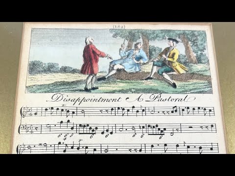 Georgian era 18th-century engraved sheet music with hand-colored pastoral scene, depicting figures in a countryside setting above musical notation; mounted in a gilt frame with velvet backing, showcasing fine period engraving, early music history, and decorative art appeal.
