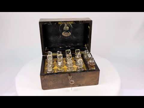Victorian apothecary box by Edward Gould & Son, London, late 19th century. Burl wood case with brass fittings, velvet-lined interior, and twelve original labeled glass bottles with stoppers, including Arnica Montana, Belladonna, and Bryonia Alba. Reflects Victorian homeopathy, craftsmanship, and medical history.
