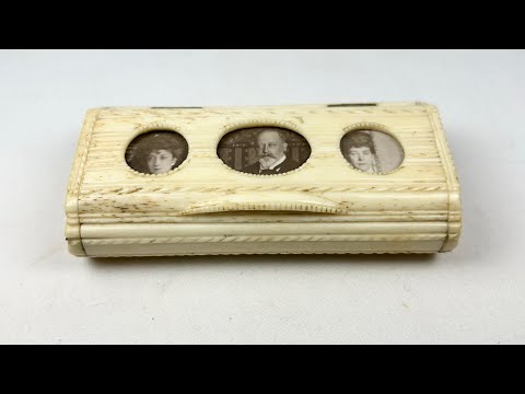 Victorian snuff box crafted from carved bone with three inset sepia portrait photographs under glass, brass hinges, mid–late 19th century.