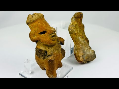 Pair of ancient Mexican pottery figures from Jalisco and Nayarit, circa 200 BCE, depicting human forms with stylized facial features and fragmented bodies, reddish terracotta with natural surface wear and encrustation, characteristic of West Mexican shaft tomb culture artifacts.