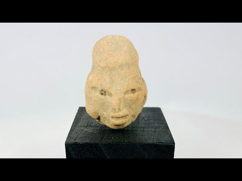 Small Pre-Columbian terracotta head fragment from West Mexico shaft-tomb culture, circa 300 BCE–300 CE, with almond-shaped eyes, defined features, and elongated cranial form, mounted on a black display base, photographed on a white background.