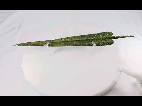 Ancient Cypriot bronze spear with finely crafted leaf-shaped blade and hooked tang, Early Bronze Age, circa 2500–1900 BCE.