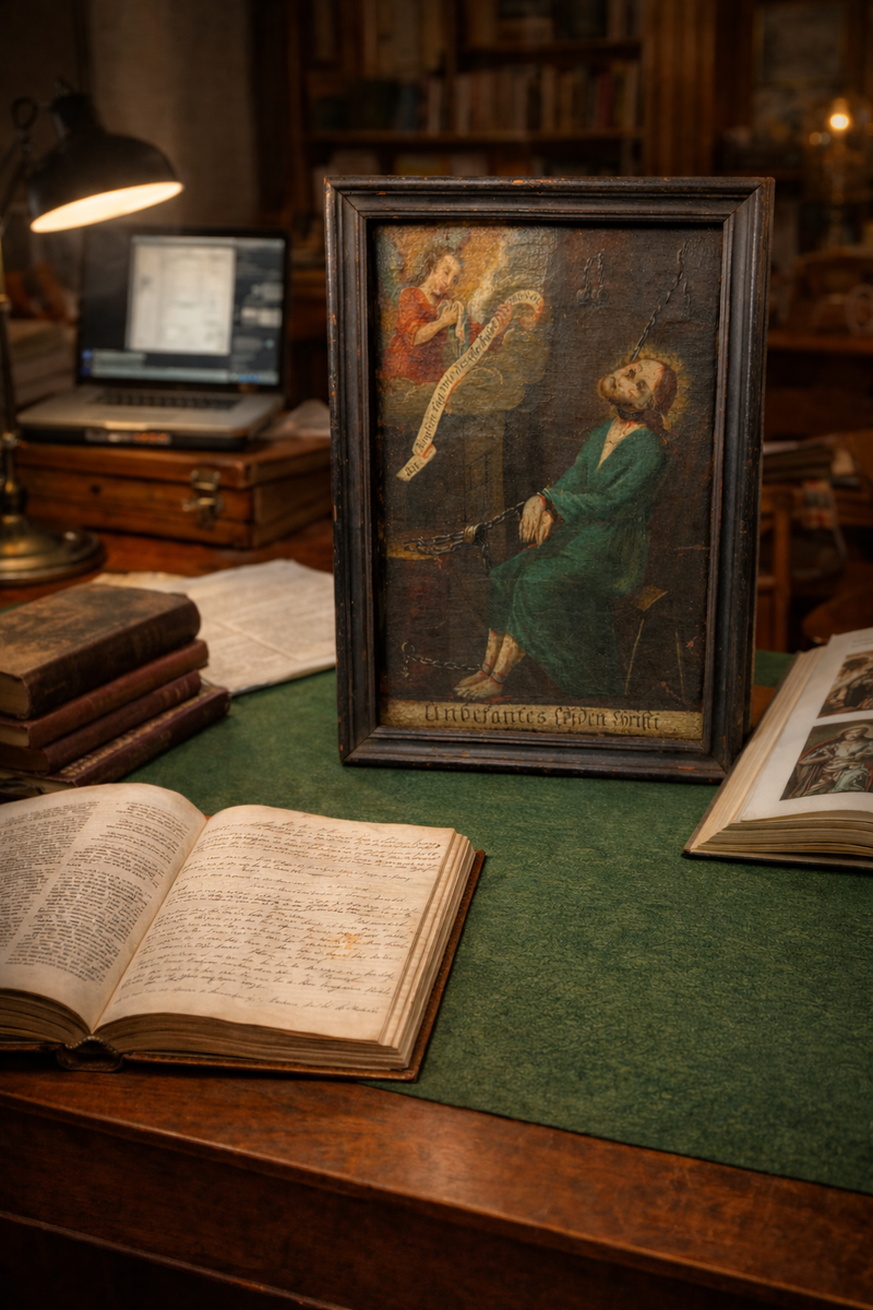 Devotional panel depicting Christ studied with historical books during provenance research