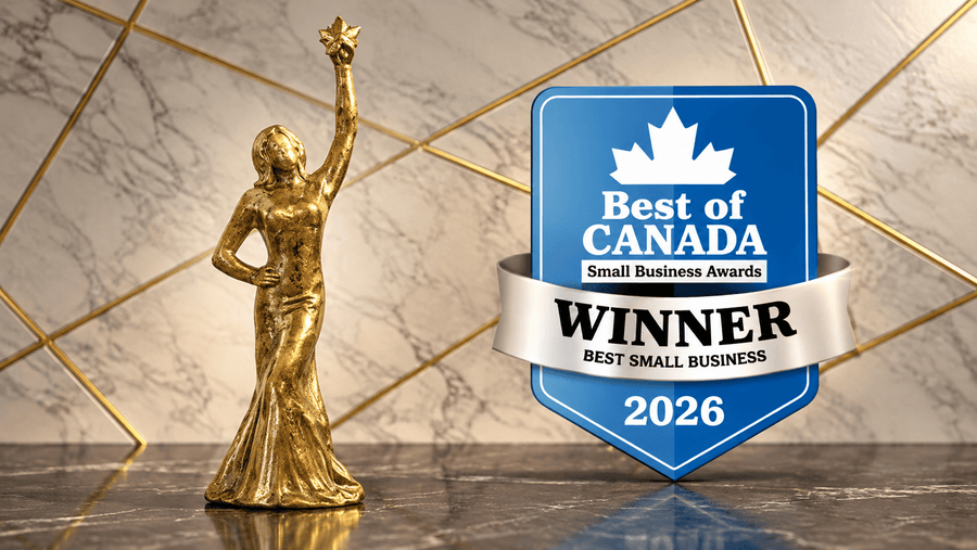 Relic & Rarity celebrates winning the 2026 Best of Canada Small Business Awards in the Retail category, featuring the gold BASA award trophy alongside the official Best of Canada 2026 winner badge.