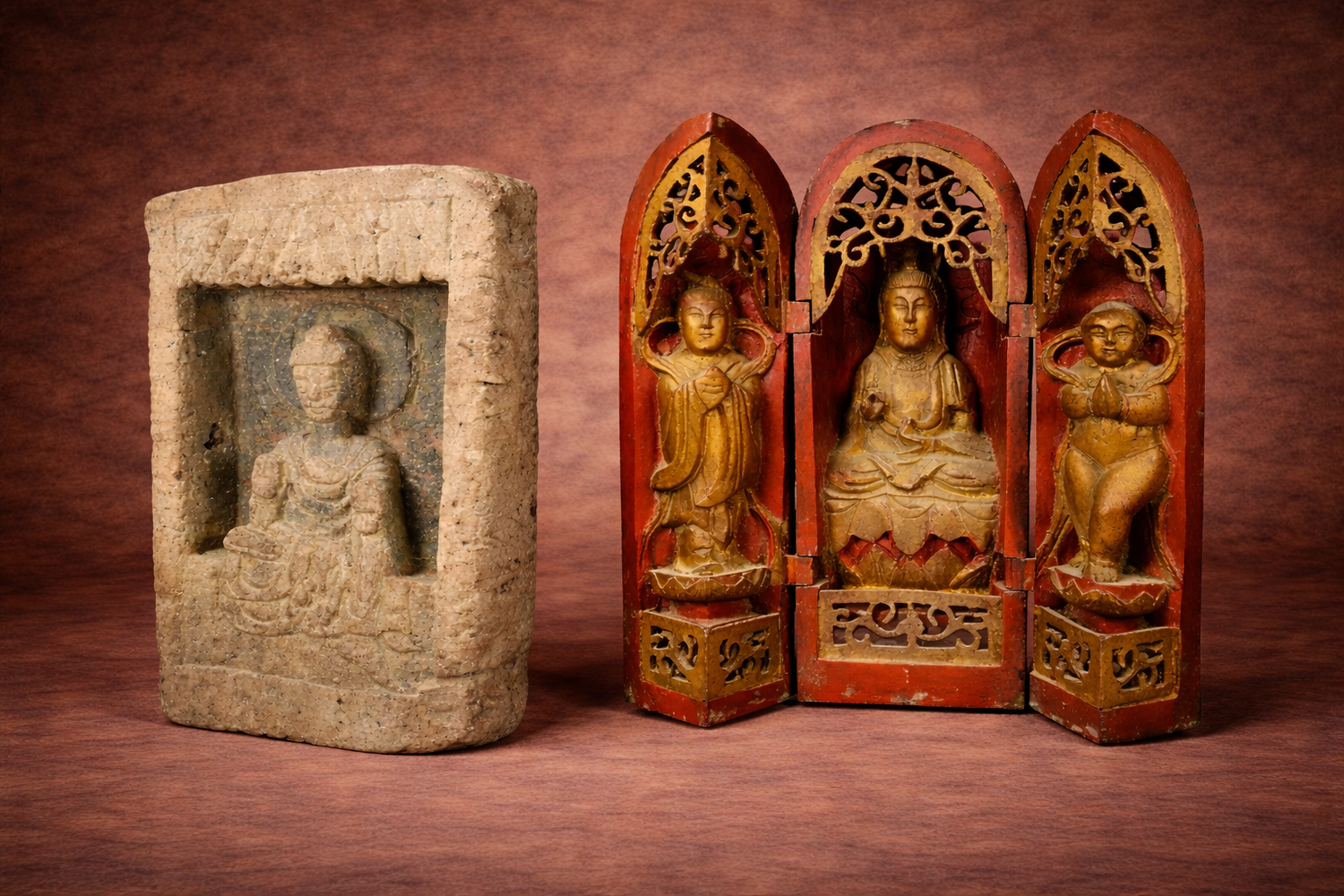 Ancient Chinese Buddhist sculptures including a carved stone figure and wooden shrine displayed by Relic & Rarity