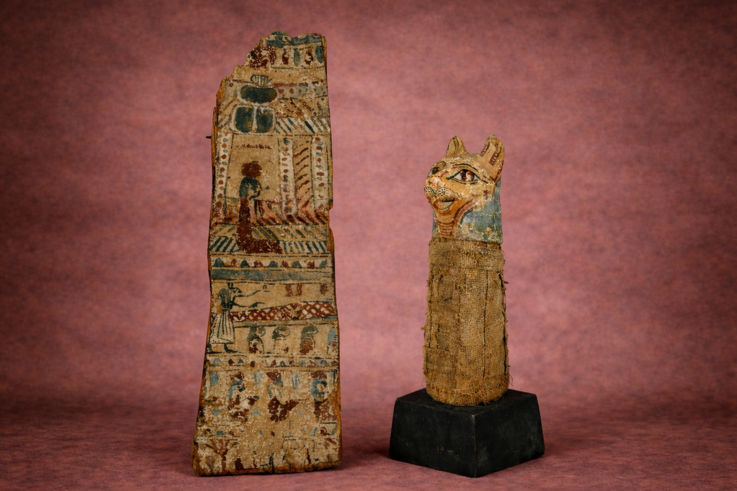 Ancient Egyptian artifacts including a Bastet cat goddess figure and painted relief panel displayed by Relic & Rarity