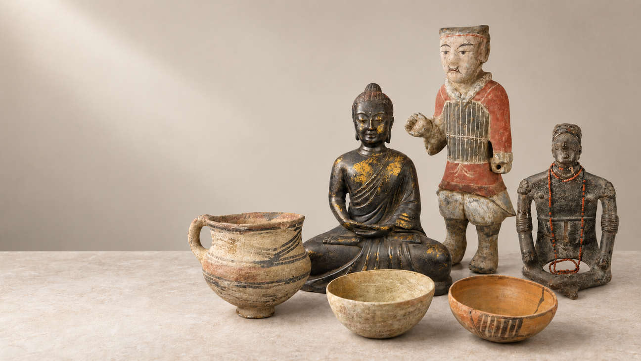 A group of ancient-style ceramic artifacts, including a seated Buddha statue, a standing figure with red clothing, a small seated figure, a large earthenware pot, and two bowls, arranged on a light beige surface against a neutral beige background.
