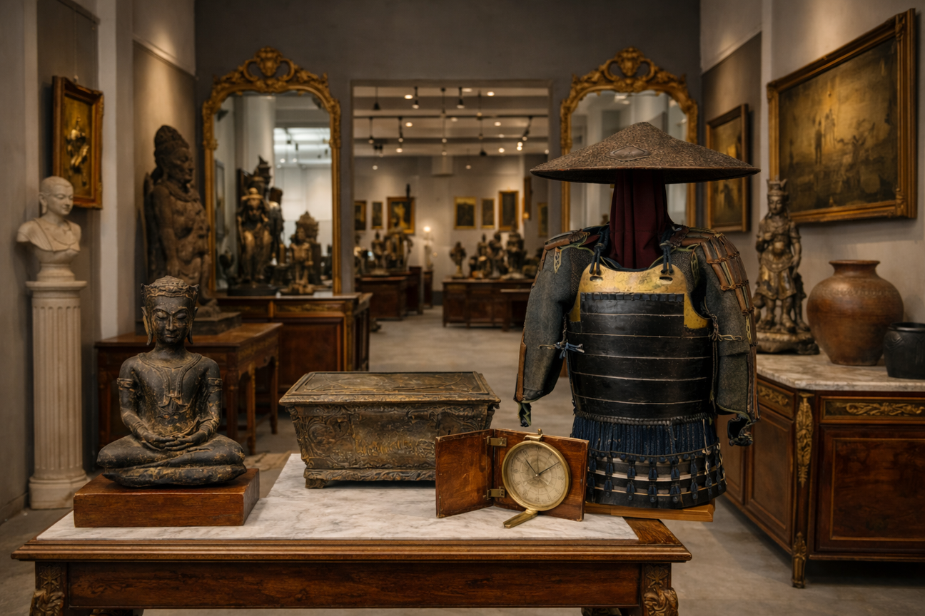 Interior view of the Relic & Rarity gallery featuring a Japanese samurai armour display, Buddha sculpture, antique marine chronometer, carved stone chest, Asian ceramics, and museum-quality historical artifacts displayed in an elegant showroom.