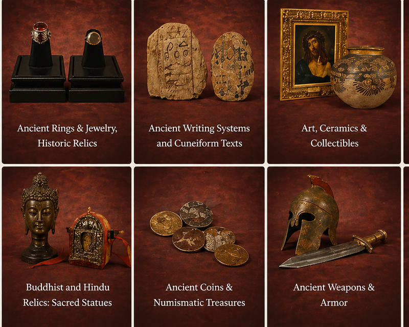 Grid of curated artifact collection categories including ancient relics, rings, writing systems, ceramics, religious artifacts, coins, weapons, and sacred objects displayed on a dark red background.
