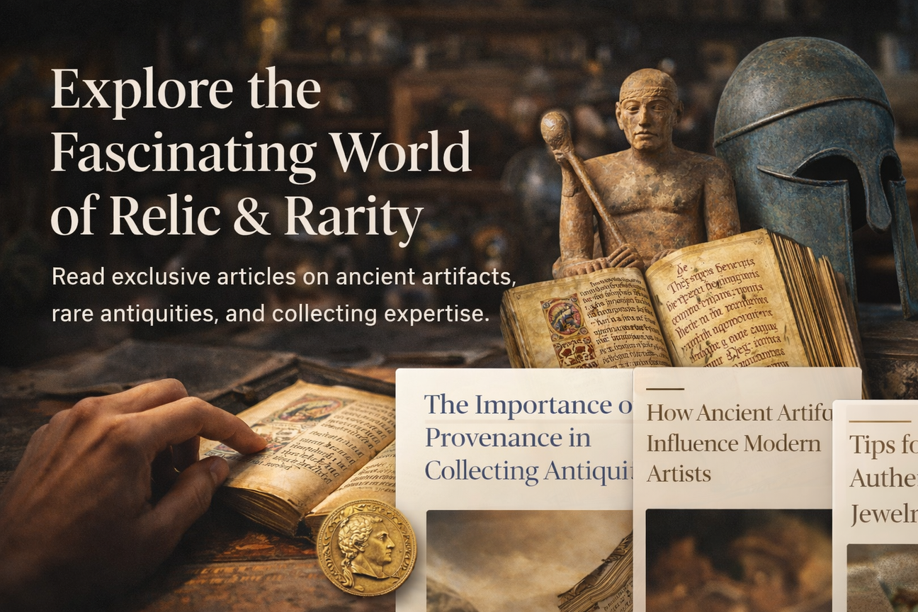 Relic & Rarity blog banner featuring ancient artifacts, rare antiquities, and historical manuscripts promoting educational articles on collecting and history.