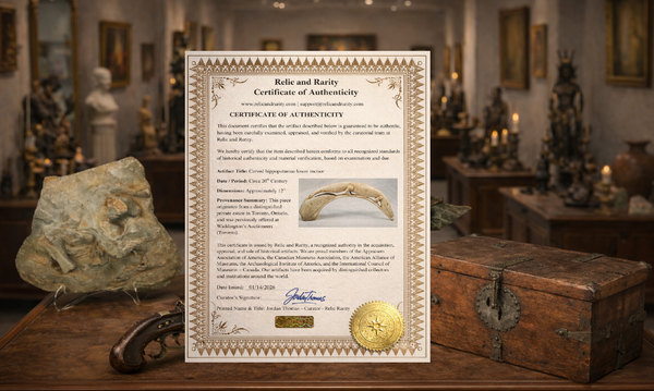 Relic & Rarity Certificate of Authenticity displayed in antique gallery setting with historical artifacts and collector pieces