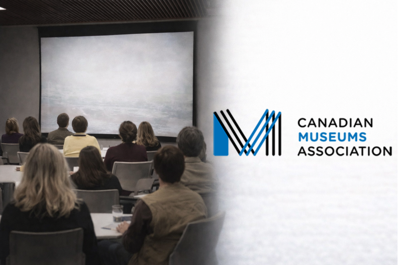 Audience attending the CMA 2025 Museum Studies Symposium, watching a keynote presentation in a conference room beside the Canadian Museums Association logo.