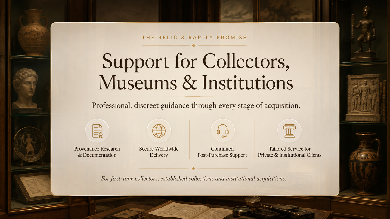 Relic & Rarity collector, museum and institutional services banner with artifact display background and support highlights including provenance research, worldwide delivery and post-purchase support.