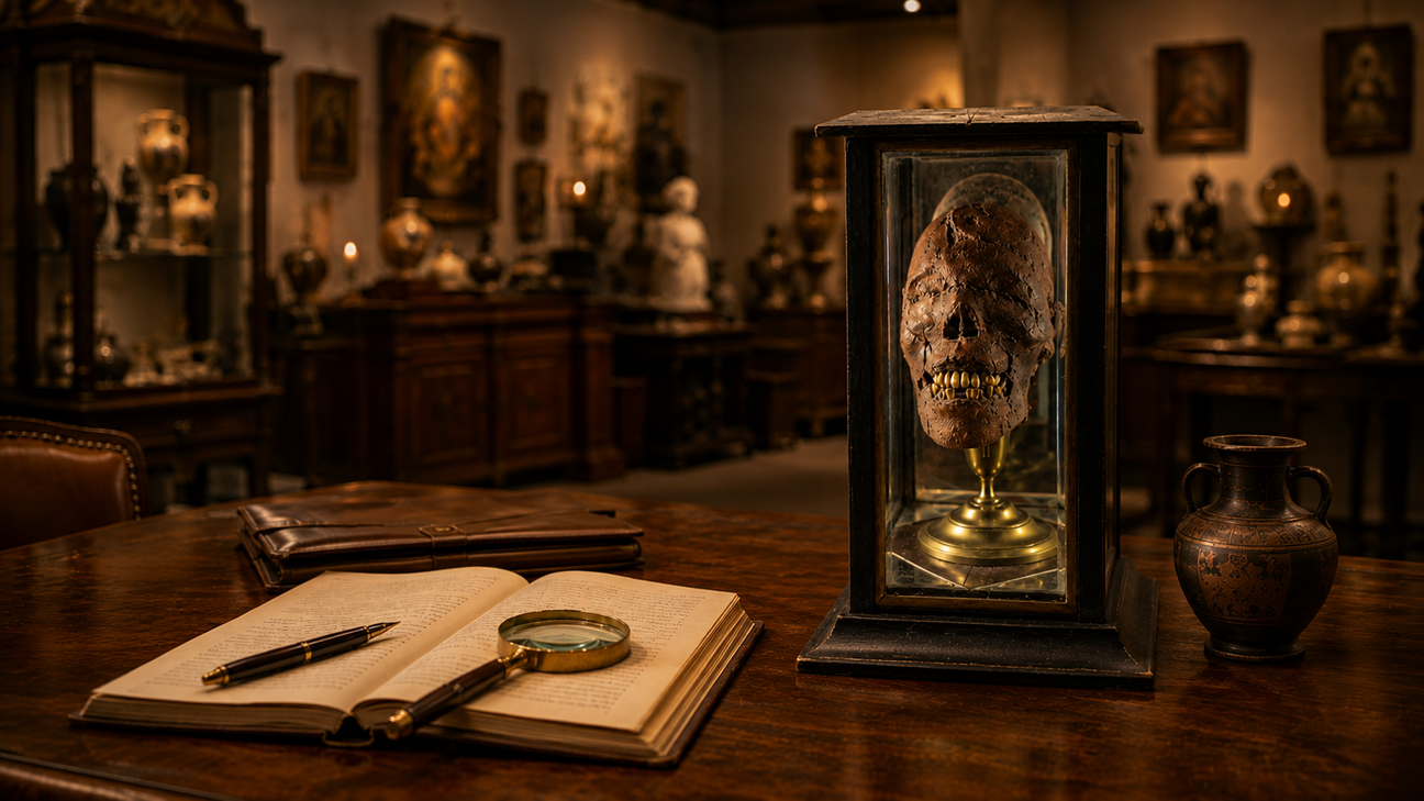 Mummified head in an antique glass display case beside an open research book in the Relic & Rarity gallery.