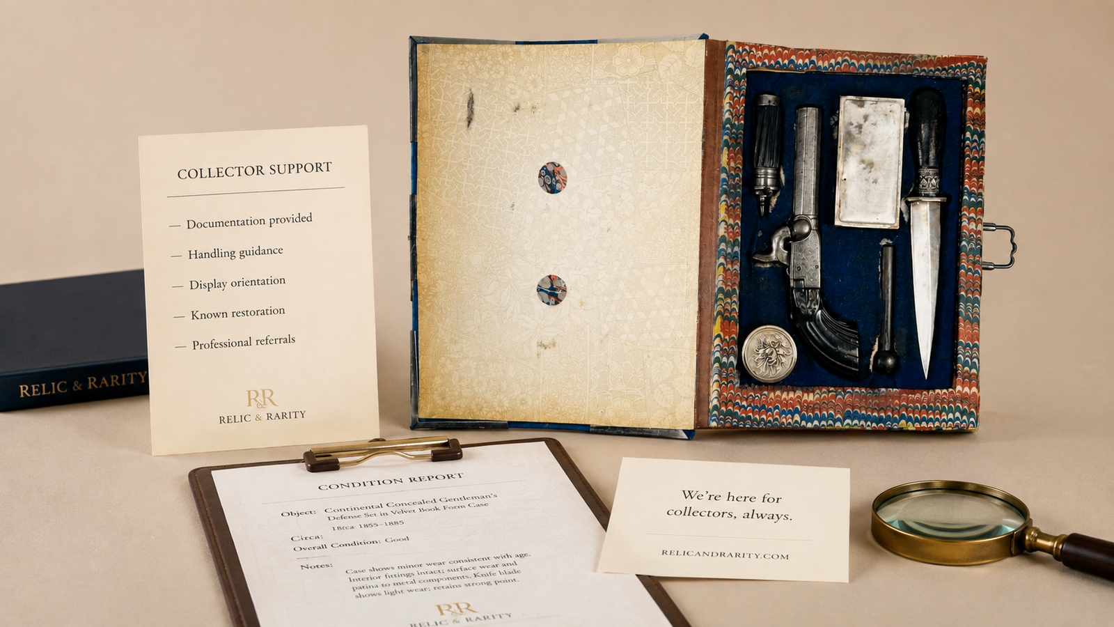Antique concealed gentleman’s defence set displayed with Relic & Rarity condition documentation and continued collector support materials after purchase.