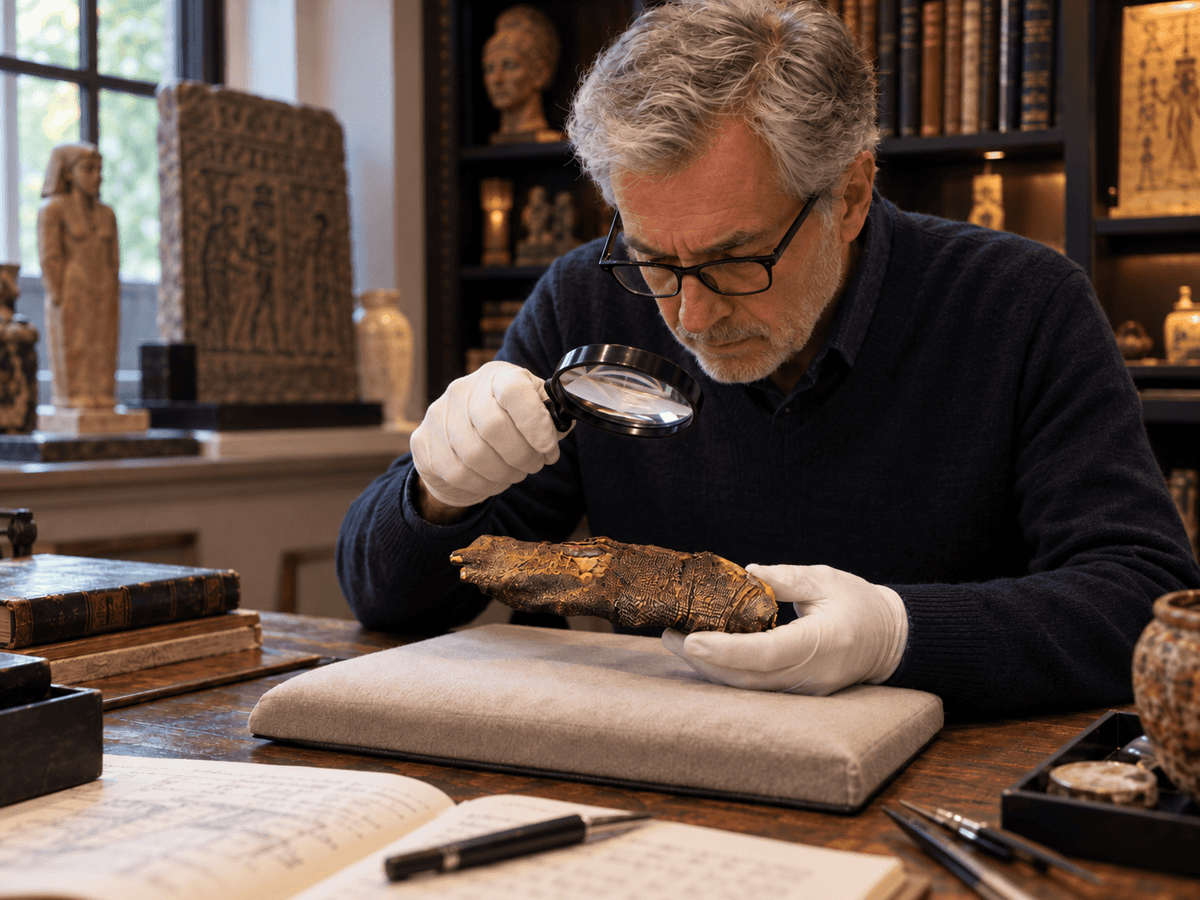 Relic & Rarity curator examining an ancient mummified hand artifact with a magnifying glass in a private gallery setting.