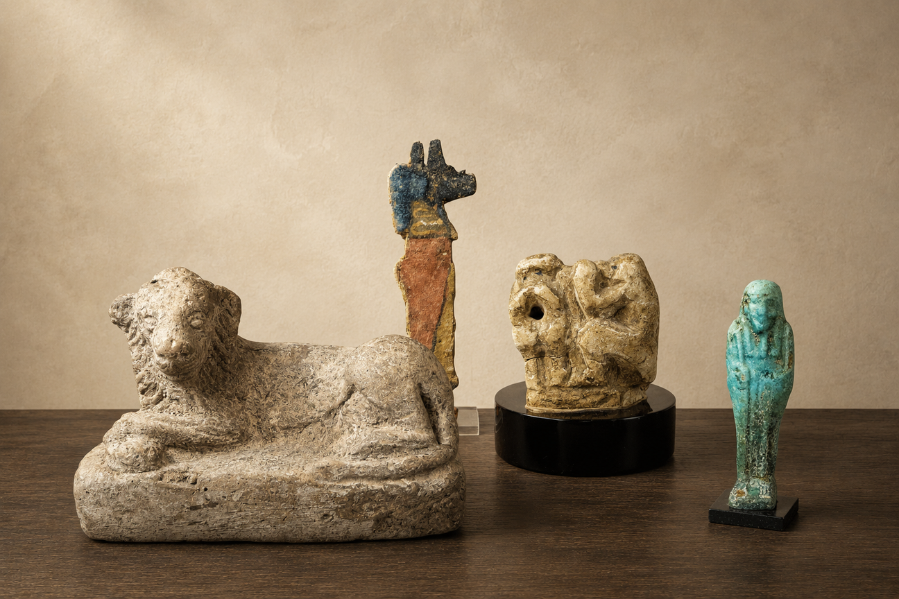 Ancient Egyptian reclining lion, Anubis cartonnage, limestone sacred primate and turquoise faience ushabti displayed together.