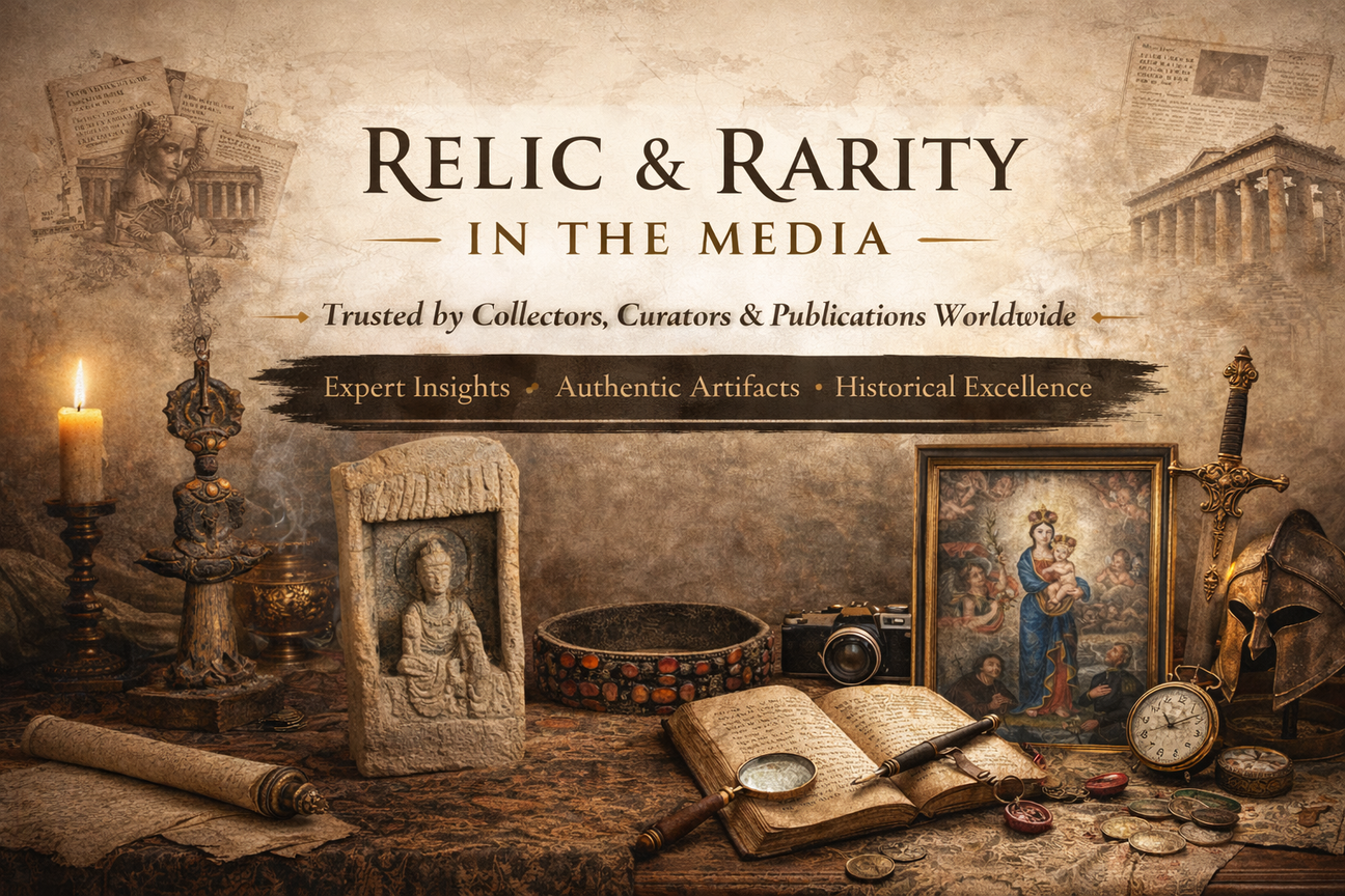 “Relic & Rarity — In the Media” banner featuring a parchment-style background, serif headline text, and a staged tabletop display of antique artifacts including a candle, carved stone figure, framed religious artwork, vintage camera, sword, helmet, and open manuscript.