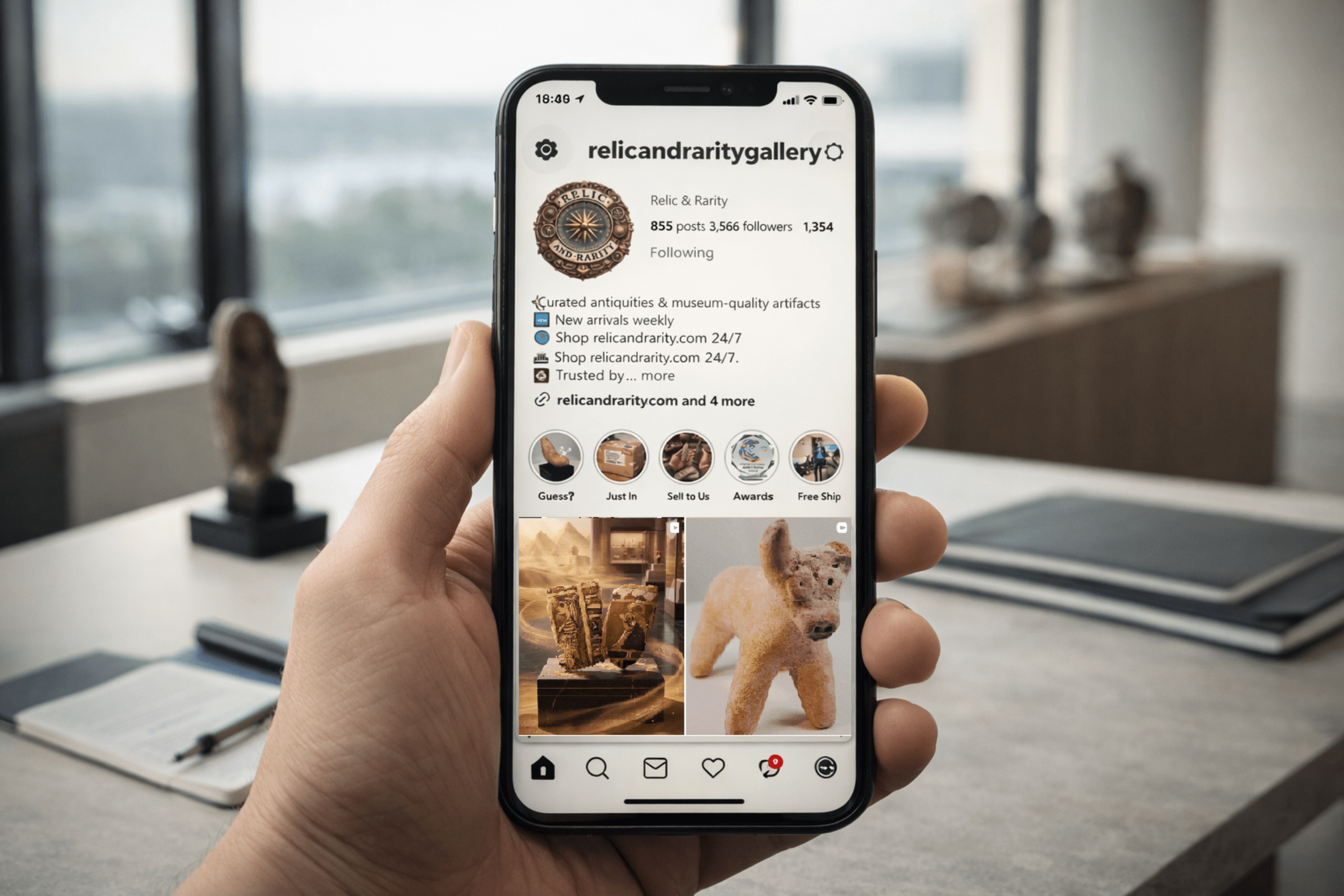 Smartphone displaying the Relic & Rarity Instagram profile surrounded by rare artifacts in a gallery setting.