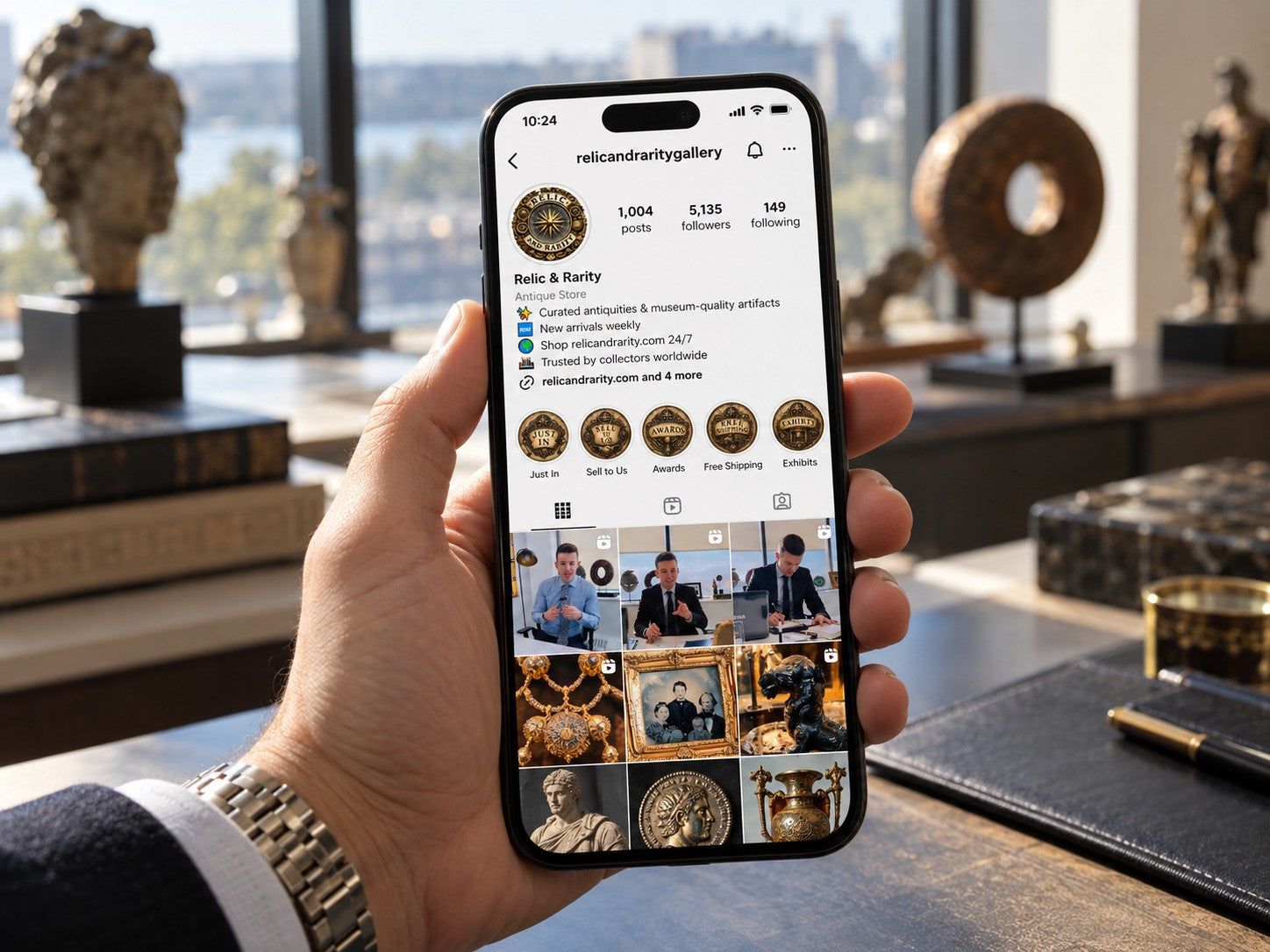 Relic & Rarity Instagram profile displayed on a smartphone inside a museum-style antiquities gallery.
