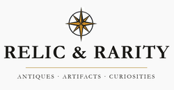Relic & Rarity logo featuring a gold and black compass rose above the brand name with the tagline “Antiques · Artifacts · Curiosities” on a white background.
