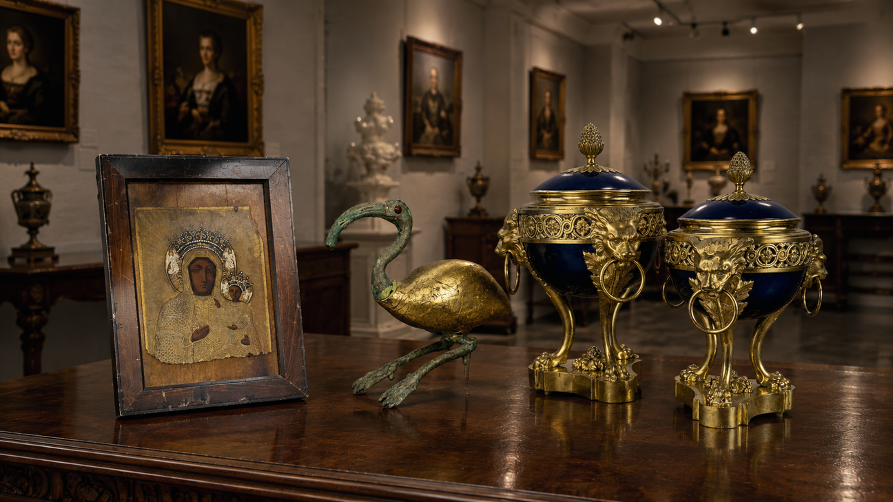 Curated historical artifacts displayed on an antique table inside a museum gallery for Relic & Rarity collector and institutional services.