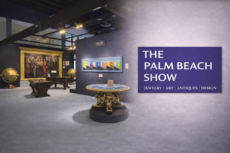 Interior exhibition view at The Palm Beach Show featuring fine art, antiques, and design pieces displayed in a gallery-style setting with The Palm Beach Show event logo.