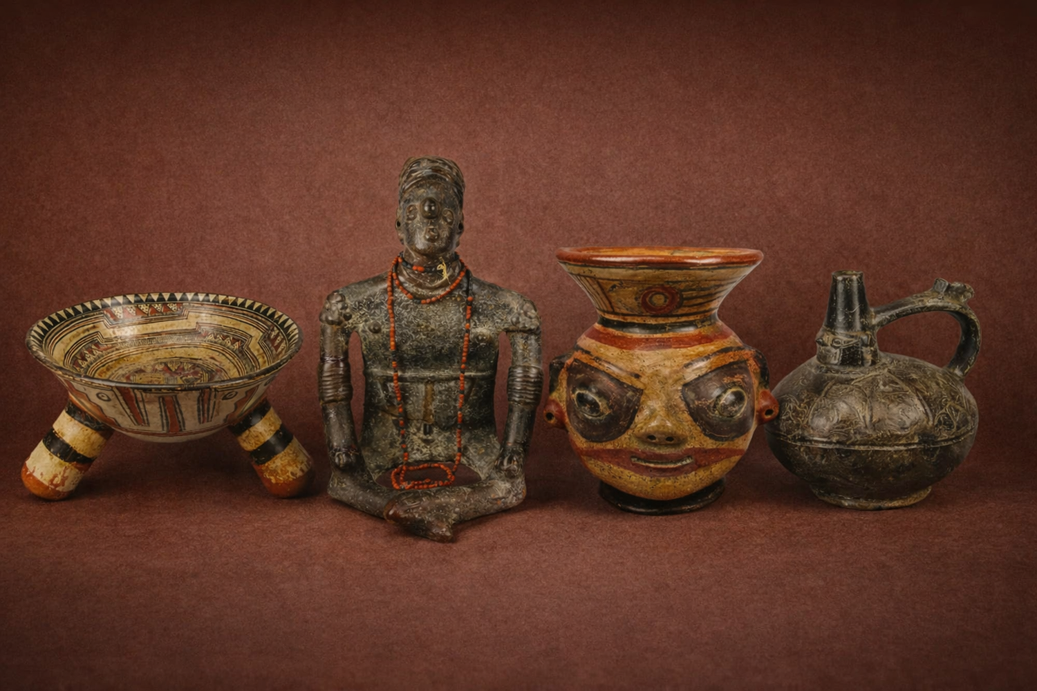 Professional horizontal gallery photograph featuring four Pre-Columbian ceramic artifacts — Nicoya polychrome tripod bowl, Nayarit seated shaman figure with red beads, Nicoya figural vessel, and Lambayeque Sicán blackware pottery vessel — displayed against a warm museum-style brown backdrop.