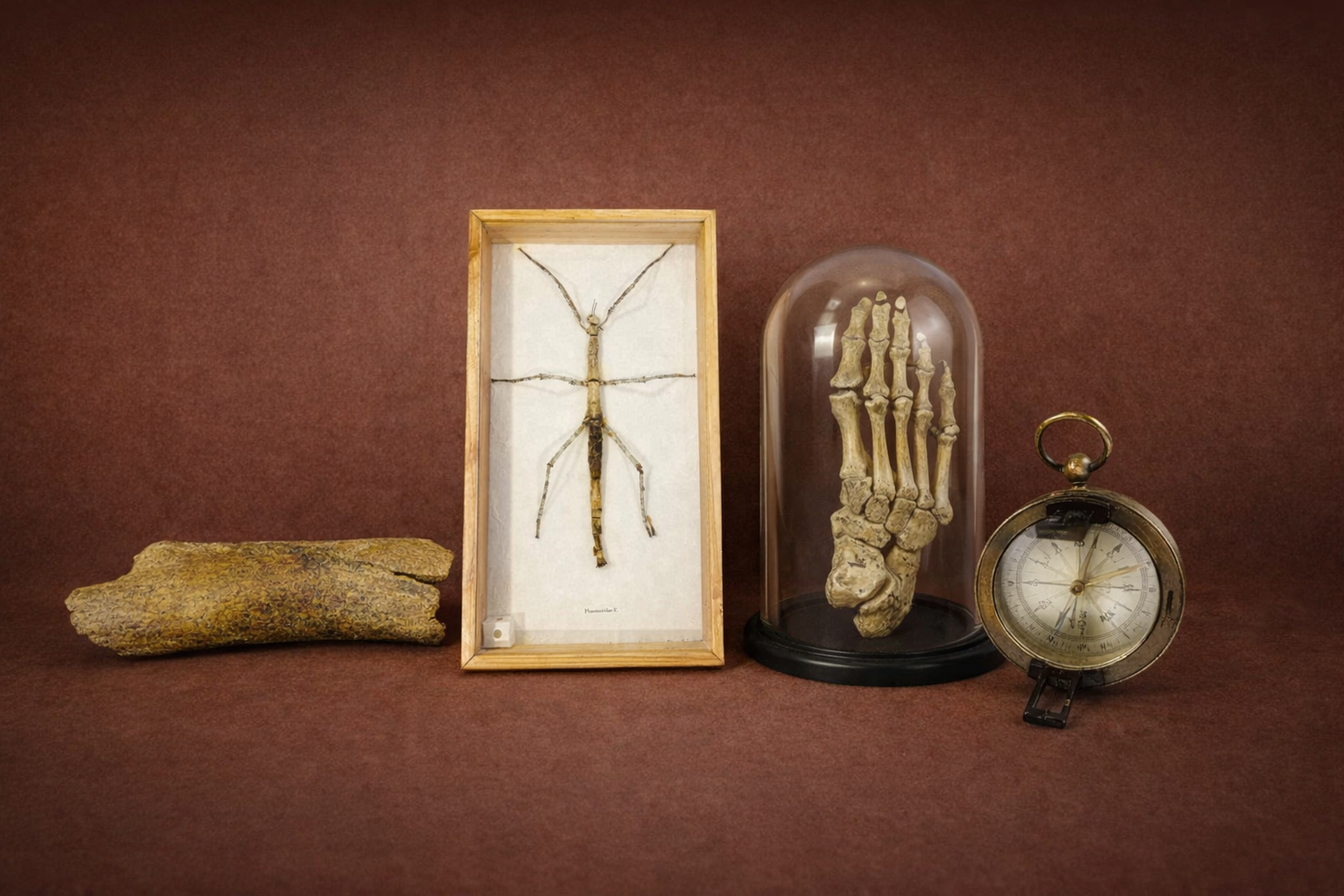 Professional horizontal gallery photograph featuring four scientific and curiosity artifacts — fossilized theropod dinosaur bone, framed Southeast Asian stick insect specimen, early 20th-century human skeletal foot under glass dome, and antique French brass pocket compass — displayed against a warm museum-style brown backdrop.
