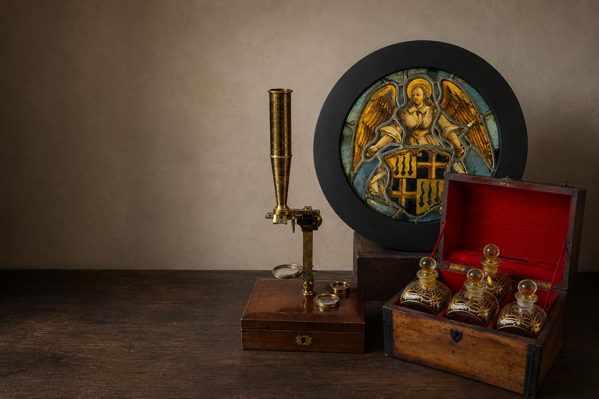 Victorian brass microscope, Georgian spirit box and 16th-century stained-glass panel displayed on a dark wood table.