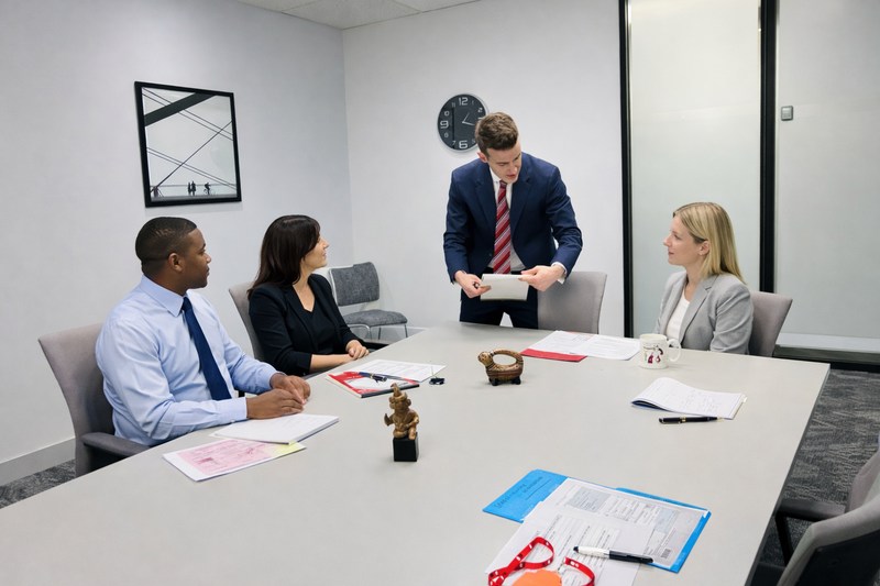 The Relic & Rarity team in a boardroom meeting with Head Curator Jordan Thomas presenting at the conference table.