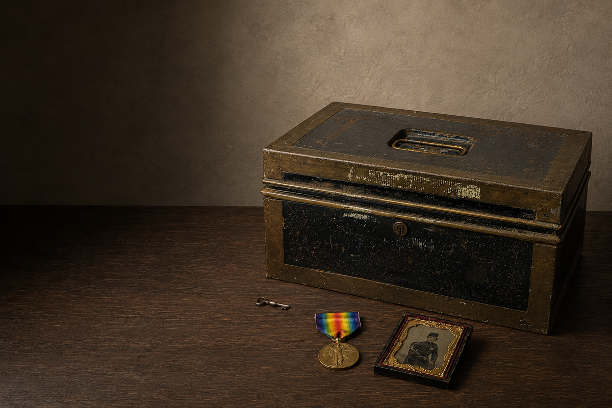 Historic E. A. Thompson iron strongbox displayed with its original key, First World War medal and cased military photograph.