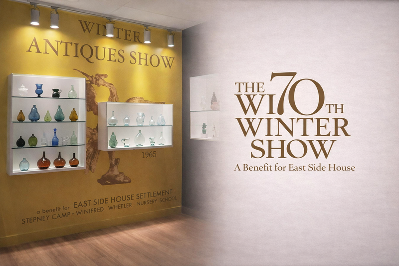 Exhibit display of historic glass vessels and artifacts at the Winter Antiques Show, highlighting museum-style presentation of antique glassware and decorative objects.