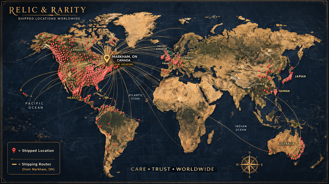 Map showing Relic & Rarity worldwide artifact shipping routes from Markham, Ontario, Canada to collectors across the United States, Europe, Asia, and Australia.