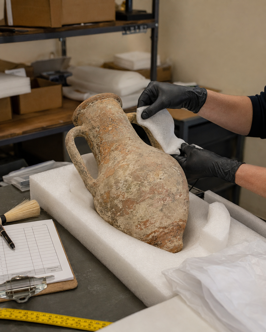 Relic & Rarity specialist assessing an ancient terracotta amphora and applying protective materials before international shipping.