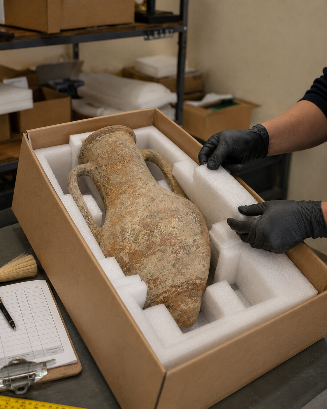 Ancient terracotta amphora securely immobilized in fitted protective foam inside a durable shipping carton before dispatch.