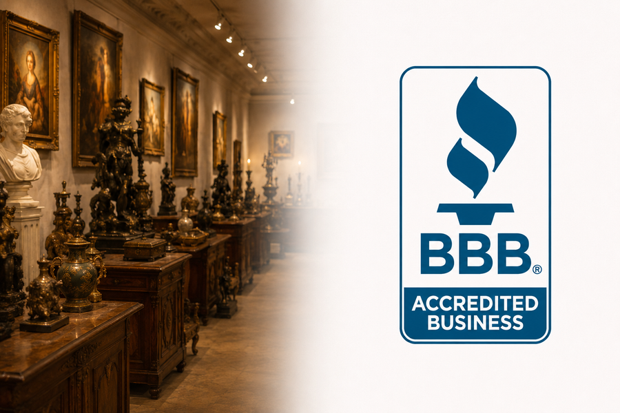 Relic & Rarity gallery displayed beside the Better Business Bureau Accredited Business seal.