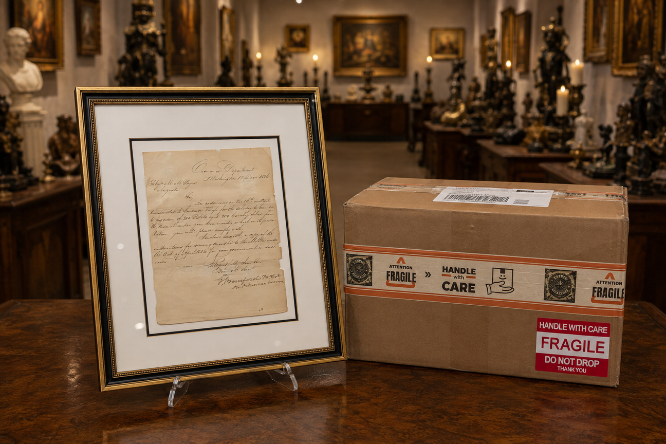 Framed 1826 George Bomford military document displayed beside a securely packaged Relic & Rarity international shipment.
