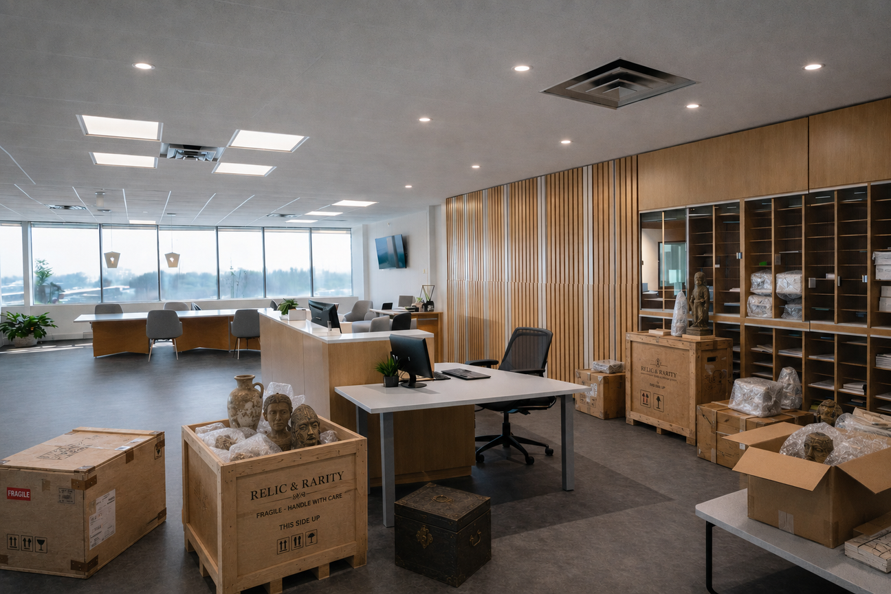 Relic & Rarity office with antiquities professionally packaged in protective materials and wooden crates for worldwide shipping.