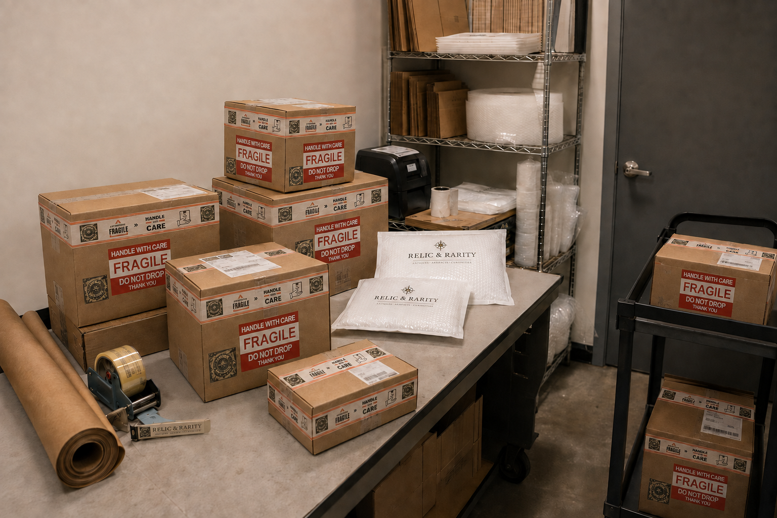 Relic & Rarity shipping department with branded, carefully packaged artifact orders prepared for tracked worldwide delivery.