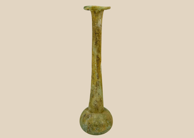 Ancient Roman glass unguentarium perfume bottle with tall neck and flared rim